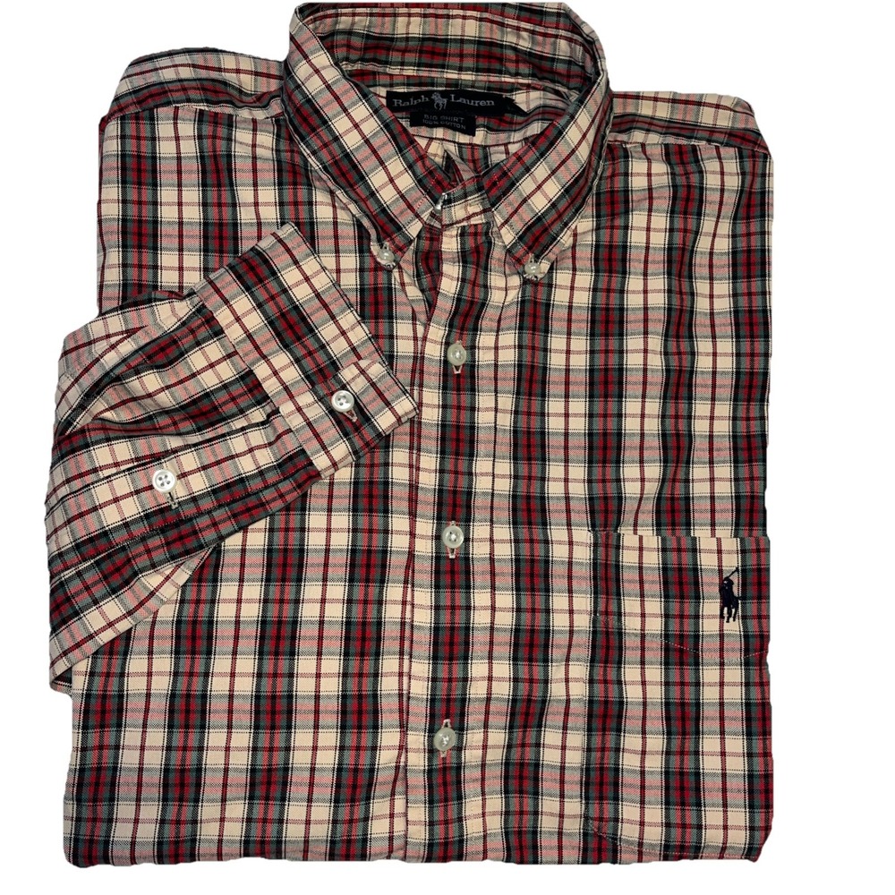 Ralph Lauren Men's L Big Shirt Tan Green Red Plaid Long Sleeve Button Down